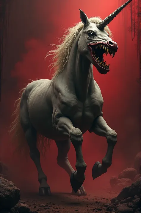 Super bad unicorn  ,  old and with big teeth with dark red background 