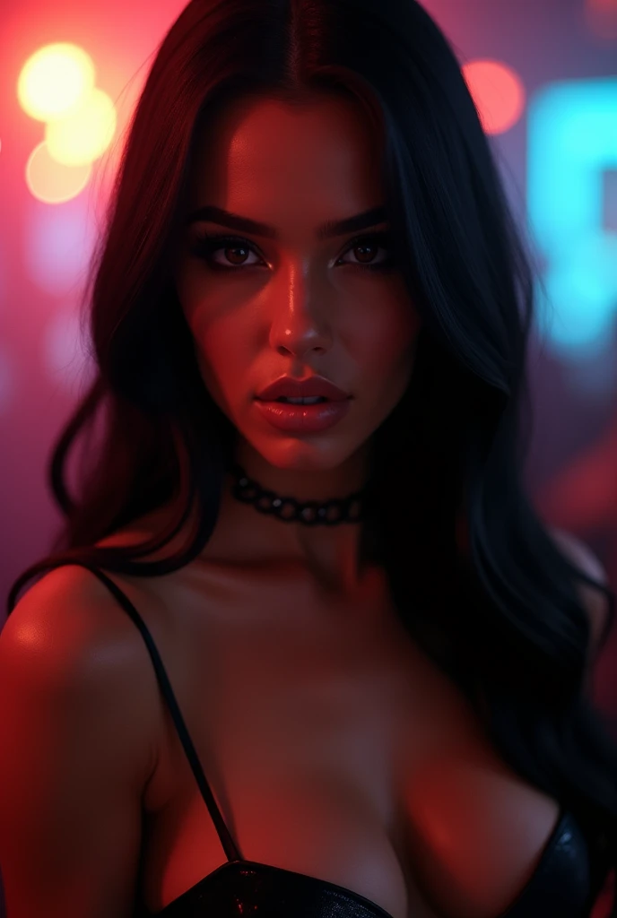 ( Close-up of a better masterpiece :1.5)0.9], (nightclub : 1.2) (long smooth black hair :1.1) (yeux noirs :1.2) ( tight dress :1.0) (talons :1.0) (un rayonnant :1.1) ( thick lips  :0.9)