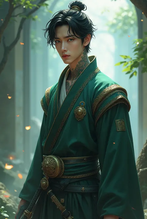 Create a young man of Korean nationality tall with fine features and handsome green and blue eyes dark and medium hair with tattoos on his neck garments of a sorcerer and warrior with sword and magic 