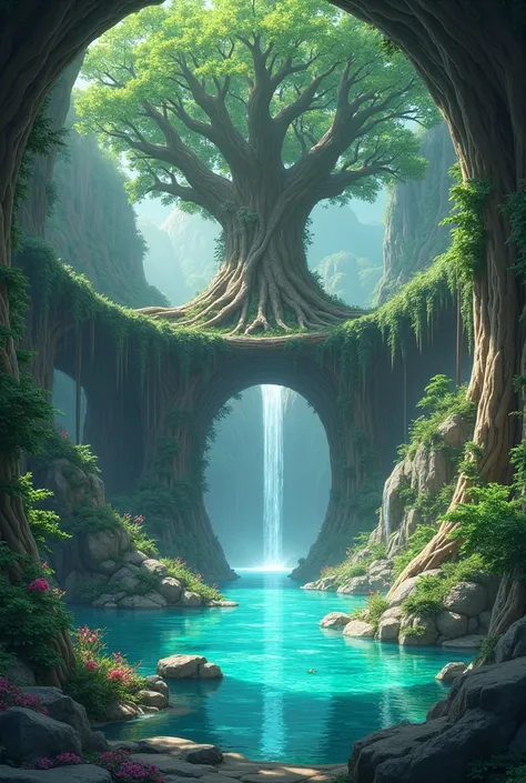 Generates an illustration of a mystical and organic library, inspired by Nausicaä and the anime style of Ghost in the Shell. The central focus of the library is an ancient and imposing tree that grows in the middle of a crystalline lake, its roots intertwi...