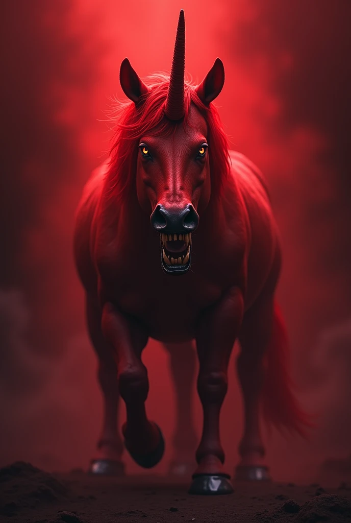 Super bad unicorn , You look pretty with big teeth on a dark red background 