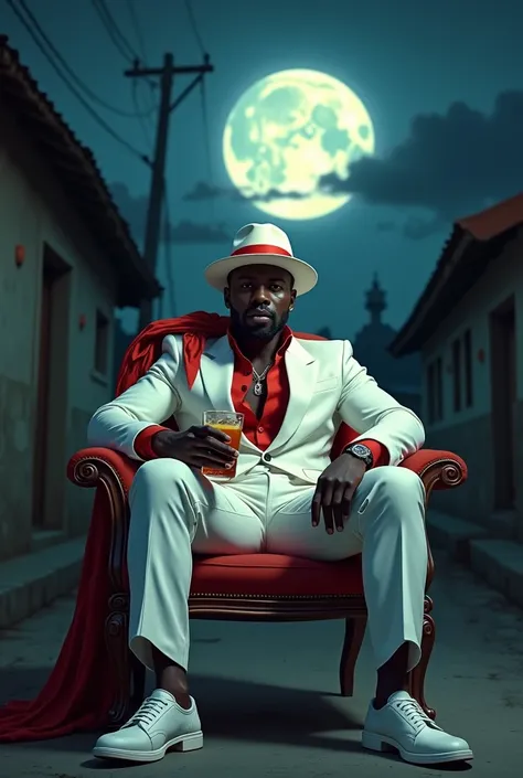  a dark-skinned black man elegantly dressed in a white suit with red details,  white hat with red sash and white shoes ,  sitting in a chair on a deserted night street .  He is holding a drink and seems confident and relaxed .  The background is a favela s...