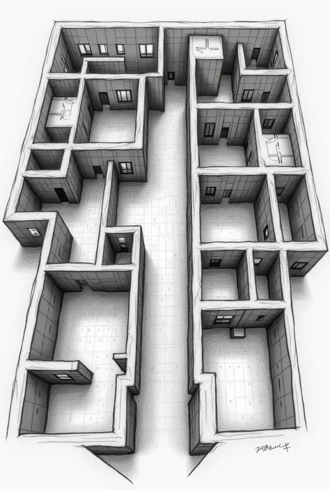 Sketch with all the areas of a large asylum inside with plenty of spaces 