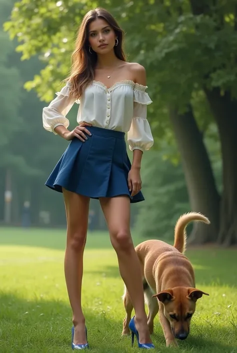  Make me an image of a very beautiful girl with blue heels,  short skirt ,  Body, delegate, sexy blouse, Next to him is a dog making excrement 
With park background, very realistic 