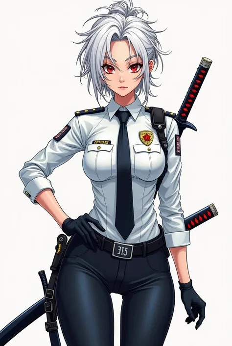 colorful sketch drawing, simple lines, Girl police officer ,  athletic fitness body ,  messy white hair ,  red eyes,  wearing a tight dress blouse with elegant tie and tight dress pants, wearing black dress gloves ,  wearing a futuristic Japanese katana  