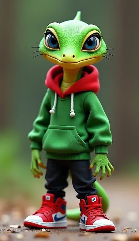  Anthropomorphic sweet-billed gecko wearing a green hoodie with a red hoodie, Like Miles Morales Spider-Man .  Green skin and yellow chin neck .  He wears Nike Air Jordan sneakers red col white ,  black pants . Long skirt with blue details ,  Blue Eyes. 3d...