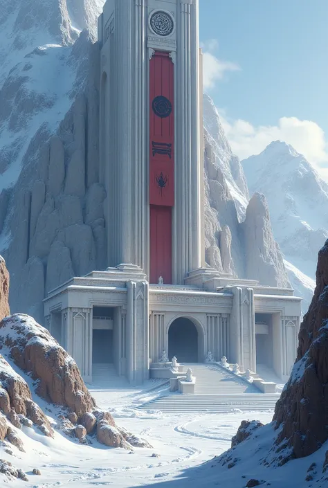 star wars Great Emperor Palace positioned on top of a snowy Mountain , neoclassic style with Marble colums and Red and black banners