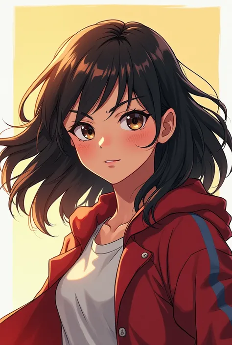 Create the image of a 16-year-old girl , Brunette wavy hair up to the middle of her back in the style of the anime My Hero Academia.