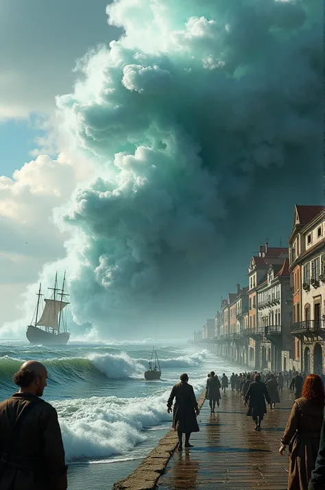 towering wall of water crashes into the port of Lisbon, engulfing wooden ships, docks, and waterfront buildings. Townsfolk in 18th-century attire flee in desperation, some being swept away by the waves. The background shows a rising sea and distant storm c...