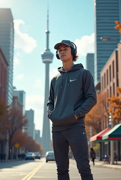 A young man wearing Nike athletic garments, including a sleek hoodie, joggers, and running shoes, stands confidently on a busy street in Canada. In the background, the CN Tower rises tall against the daytime sky. The man wears a stylish cap and a modern he...