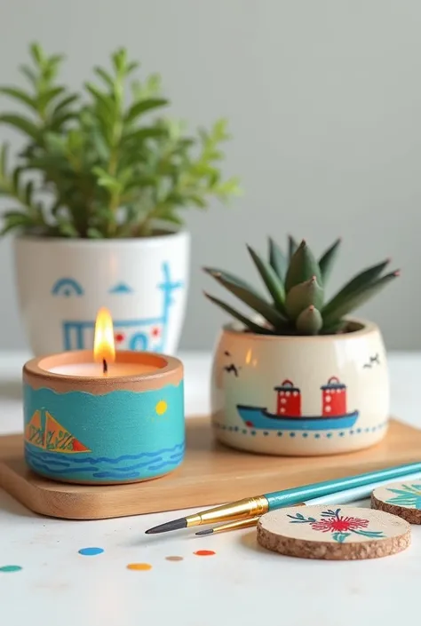 A poster, with no text, for a DIY workshop to paint small empty planters and a small flat round wooden ornament. A few planters are hand-painted with very simple pictures that can be used as a souvenir from Europe. One planter has a candle inside it. On th...