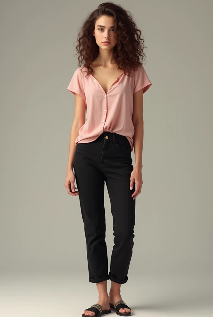 create an image of a woman about 25 years old,  White skin color,  very curly hair in the color brown, She has a large forehead . Shes dressed in a pink blouse, black pants and sandals. 