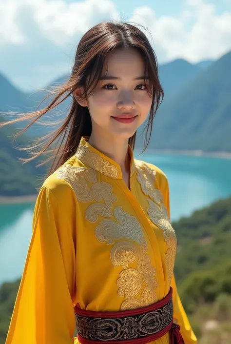  beautiful young Chinese woman graceful , round face,  smiling sweetly,  wet brown hair blown in the wind ,  bright yellow muslim shirt with intricate gold motif ,  thick and unique style Modern style bright blue white color ,  wearing red black sarong int...