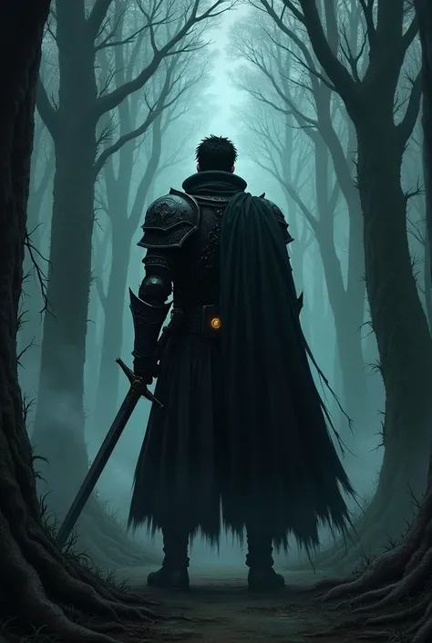 A knight based on the anime Berserk, with short black hair and a long beard, wearing a greatcoat over armor, in a dense, misty forest, surrounded by tall trees and shadows. He stands with his back turned, in a defensive pose. He holds a long, heavy sword i...