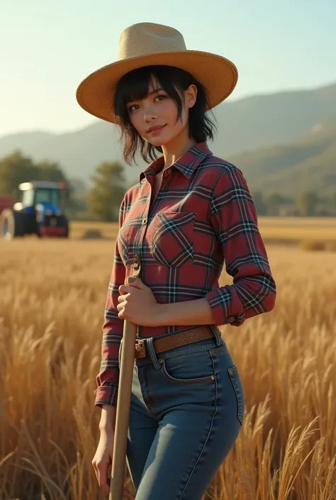 Tiro de Cowboy、(())、Agriculture、((tractor))、(((There is a hoe and a shovel)))、turvar、農場でbeautiful女性の肖像画:1.6 , ( straw hat ) , ((Long sleeve flannel shirt)), echarpe , leather boot  , Medium short hair and black、(Blue eyes water roofs ), ((White skin brown)...