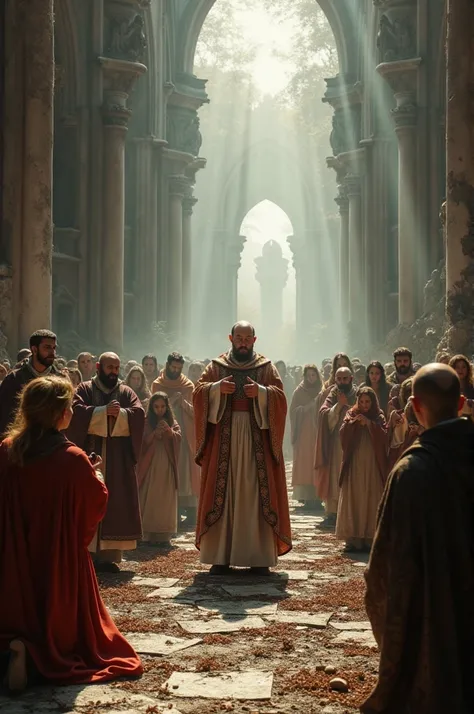 A group of religious leaders in opulent 18th-century vestments preach to a frightened crowd in a partially destroyed cathedral. The survivors kneel in prayer, some weeping, amidst the ruins. The background highlights broken statues and scattered holy relic...