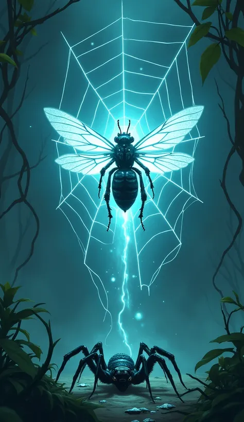 Ghostly image of the bee appearing within the giant web, looking resolute. Cartoon style, but with a translucent, ethereal quality. Carnivorous plants glow faintly in the background, spider lying paralyzed below, symbolic lighting, 4k. Bee’s spirit is surr...