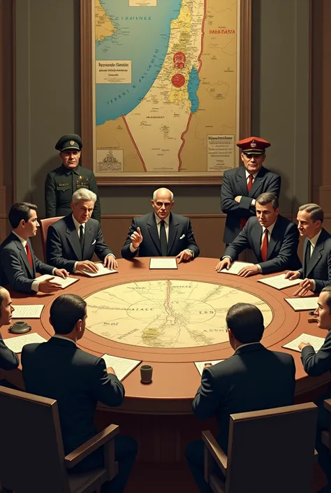  The scene takes place in a meeting room of the United Nations in 1947,  where the resolution to divide Palestine is discussed  ( UN Partition Plan ).  At a large round table ,  figures representing different countries are present , like United States ,  U...