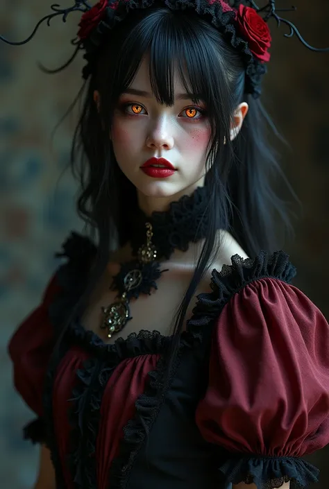 Create me a woman in 3D in high resolution 8K CGI wearing black and crimson Lolita gothic clothing ,  whose left eye is gold with clockhands on her pupil and her right eye is red 