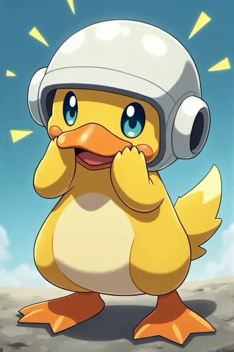  The Pokemon Psyduck clutching his head , In the type of image from the anime Pokemon ,  that has a white engineers helmet and that some rays come out of it 
