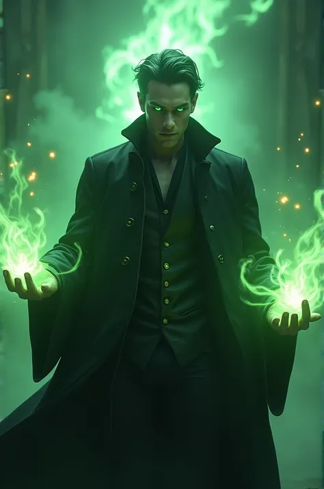 Evil wizard wearing black jacket with green eyes, green flames in the background and fire emanating from his hands