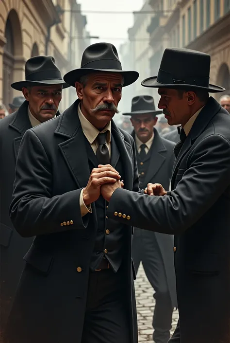 three criminals attack a tax collector with a hat and mustache and steal his money in Germany 1880