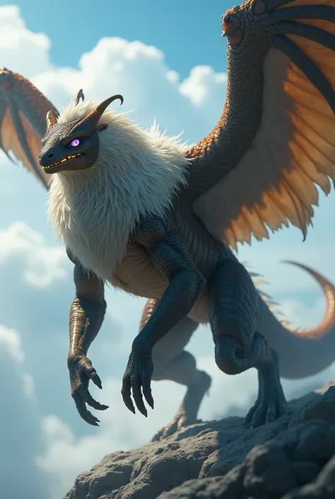 A hybrid creature with the sleek, agile body of a Luminox and the bulk of a Skyrend Drifter. It has muscular, powerful legs and a mix of fur and rugged scales covering its body. The creature’s wings are large, leathery, and partially covered in fluffy fur,...