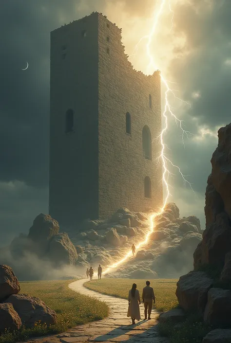 in the center of the image,  an imposing stone tower ,  built on an unstable foundation ,  is being struck by a ray of heavenly light . Lightning  não é destrutivo, but iluminador,  symbolizing divine intervention that breaks false structures and beliefs t...