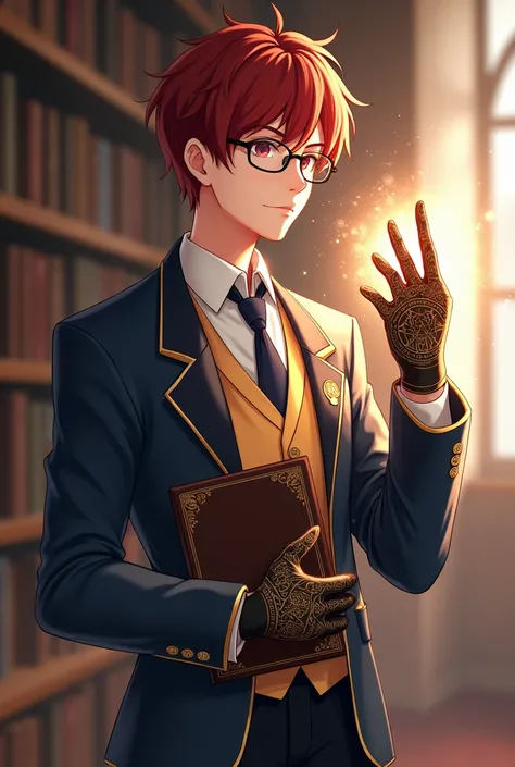 MALE LIBRARIAN , with book in hand,  SHORT HAIR AND BEARD AND VERY DARK RED,  GLOVE WITH MAGIC SYMBOLS AND GLASSES ,  18 years old, RANOA MUSHOKU TENSEI MAGIC SCHOOL CLOTHES