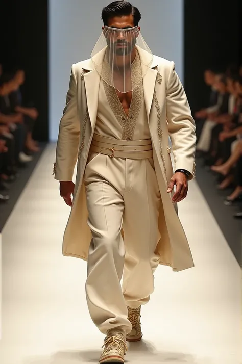 Latino man dark-haired , robust build ,  with clothing inspired by the  "Dries Van Notes 2015 " in light and gold tones with Veil covering her hair and mouth, Walking down the runway 