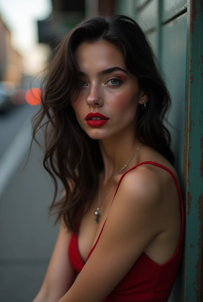 masterpiece, Mina Mandic captivating Slavic girl dark hair brunette but darker shade, between 18 and 20yo, fits into "barely legal" category, nice legs, red lipstick, pretends to be urban model artistic girl but she is filthy only fans slut only pretening ...