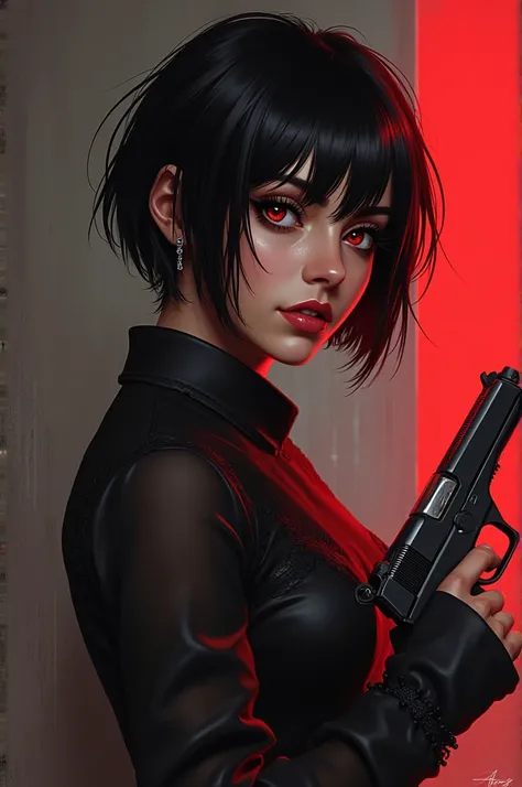 mulher ladina de rpg d&d,  short black hair, Use pistols , Variant human, Sensual,  Red eyes 