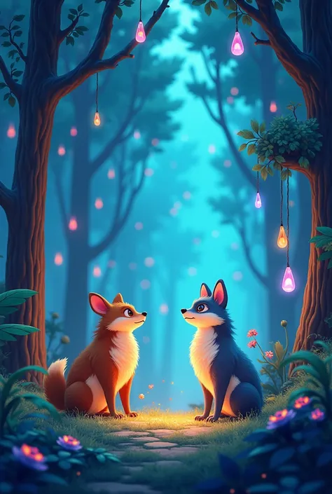 "Stylized cartoon-looking animals interacting in a futuristic forest, with bioluminescent trees, glowing crystals and technology integrated into the environment, conveying a sense of magical, ethereal beauty using vibrant colors and a futuristic concept ar...