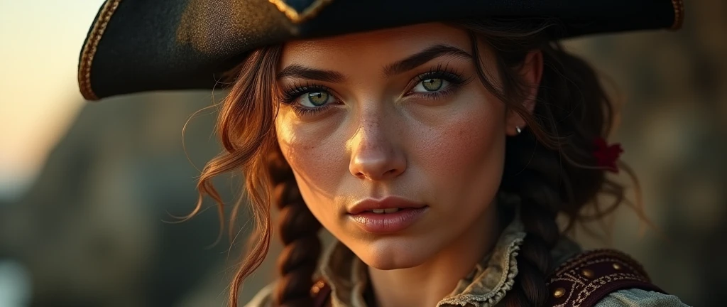 a woman in a pirate outfit from the early 1700s, detailed face, beautiful eyes, long eyelashes, detailed clothing, high quality, photorealistic, 8k, dramatic lighting, warm color tones, cinematic, (best quality,4k,8k,highres,masterpiece:1.2),ultra-detailed...