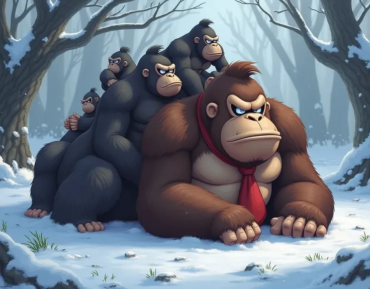 Donkey Kong lies down in the snow 、 many big gorillas sit on his back 