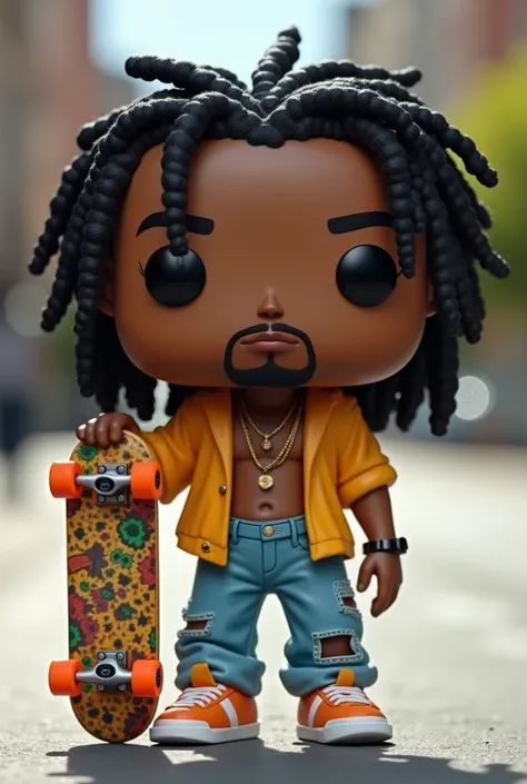 a Funko of a young man of African descent with long dreadlocks, a skateboard and wide clothes