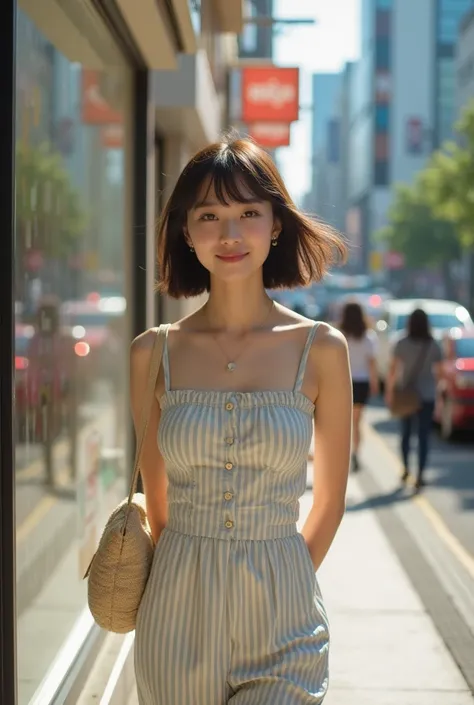 Japanese woman, smiling, young woman, alone, beautiful, very cute, baby face, high school student, fashionable clothes for the remaining summer heat, short hair, window shopping in Shibuya, friendly, carrying a pochette on her shoulder, hands clasped behin...