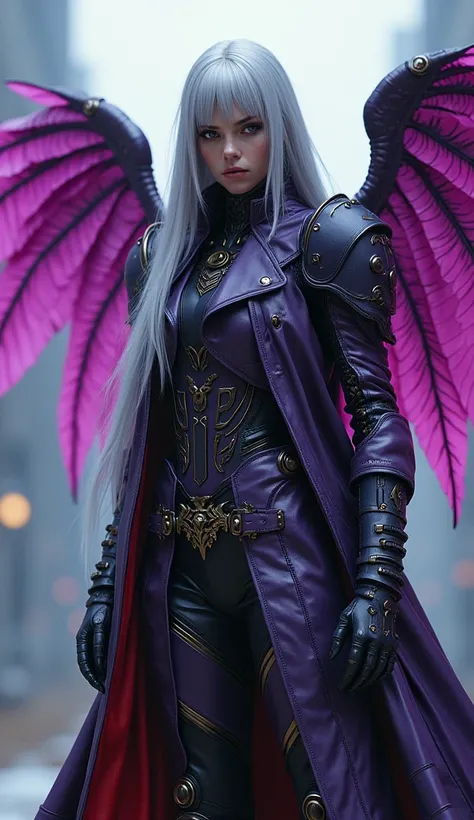 Robotic Ukrainian girl with purple & scarlet colored armor, Partial body Armor, wearing a long leather coat, purple & Scartel Wings, shiny silver extra long hair, cyberpunk hairstyle, special details on the arms, two swords on the coast, golden rings scena...