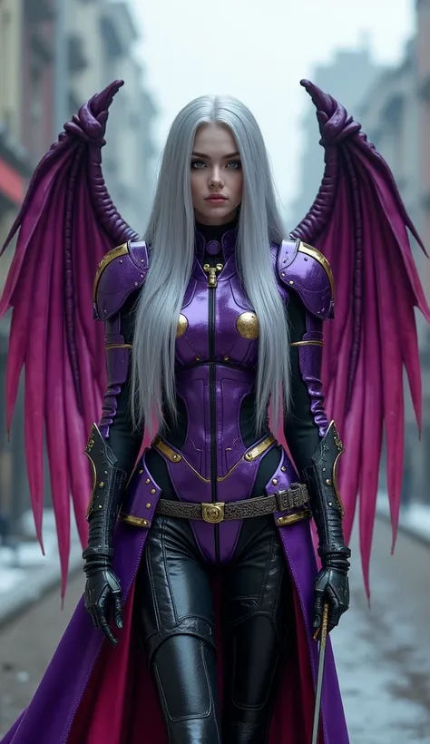 Robotic Ukrainian girl with purple & scarlet colored armor, Partial body Armor, wearing a long leather coat, purple & Scartel Wings, shiny silver extra long hair, cyberpunk hairstyle, special details on the arms, two swords on the coast, golden rings scena...