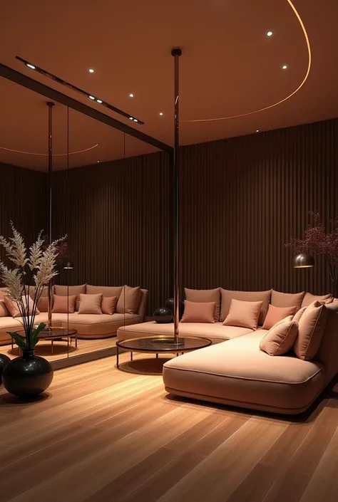 room with a mirror wall, a comfortable sofa and a pole dance tube in the center and wooden floor