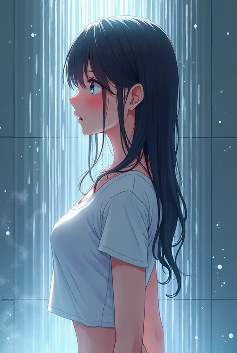 en 8K、de primera calidad、masterpiece、 ultra-detailed 、 Ultra high resolution 、 anime style 、((1 person))、Girl with、being hit in the shower、 back view 、white t-shirts、turned around、  bare shoulders 、 getting her hair wet 、wet skin、dripping water、 View from ...