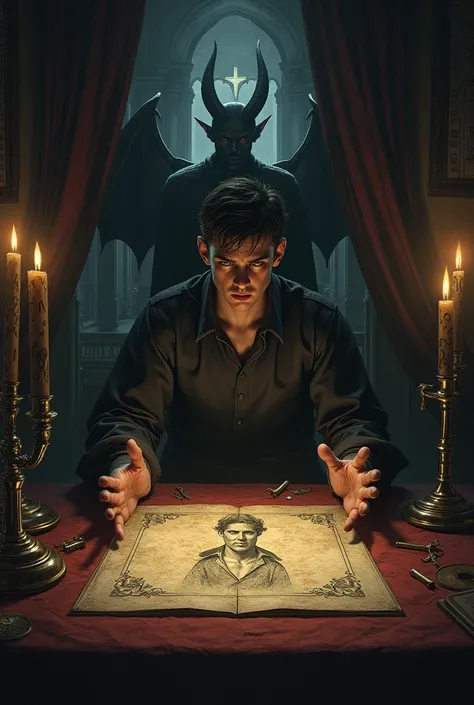 A young man making a pact with the devil in a room in front of a drawing square in which a young man is found
