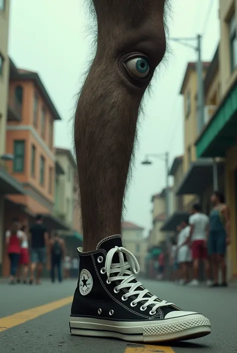 image of a realistic photo of just one hairy leg with one eye at knee height wearing black All Star sneakers. He is standing on the street in the background and in the foreground terrified people on a street with houses, in the background there is the text...