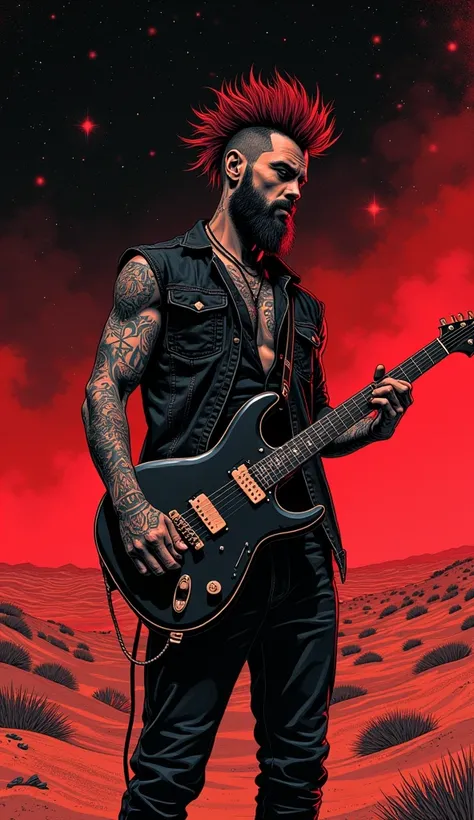 The image shows a red and black ink illustration of a handsome punk man, beard, punk haircut, lots of tattoos, dressed in black, playing electric guitar in a star-filled desert night. Conceptual image that reflects loneliness.
