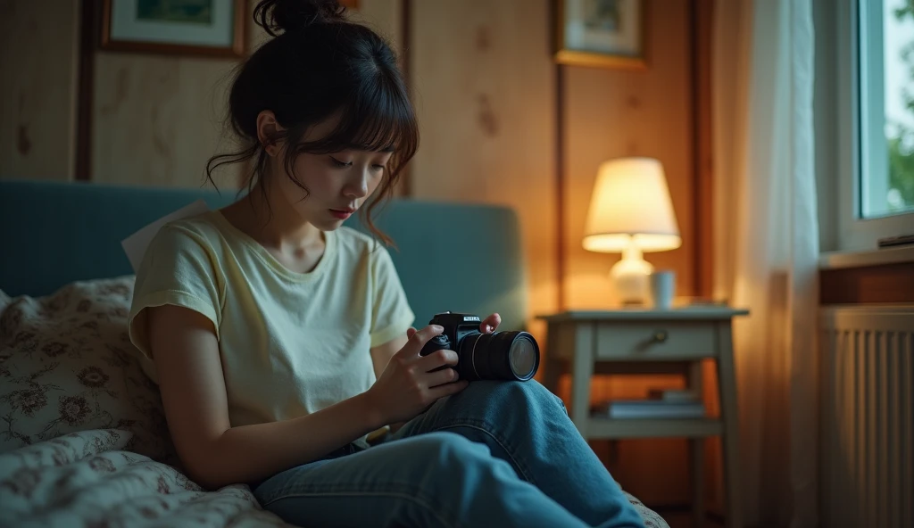 Angle view from Cowboy shot

Raw photo, 8K, masterpiece, ultra sharp focus, intricate detailed, an extremely beautiful Japanese young girl, medium wavy hair, perfect body, beauty breasts, long legs, 

cinematic color tone,tied bun messy hair, 

tshirt and ...