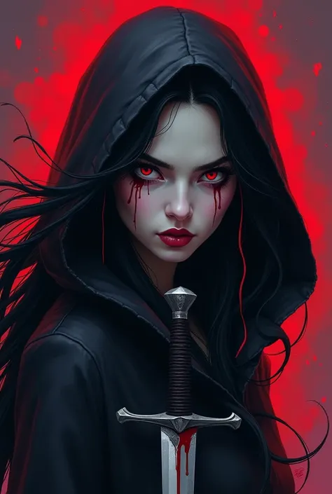  create different covers for a book in which a woman with a white complexion , with long black hair , But that it only comes out from her shoulders and head ,  and she is wearing a hood and with a dagger with a red and purple background and a little larger...