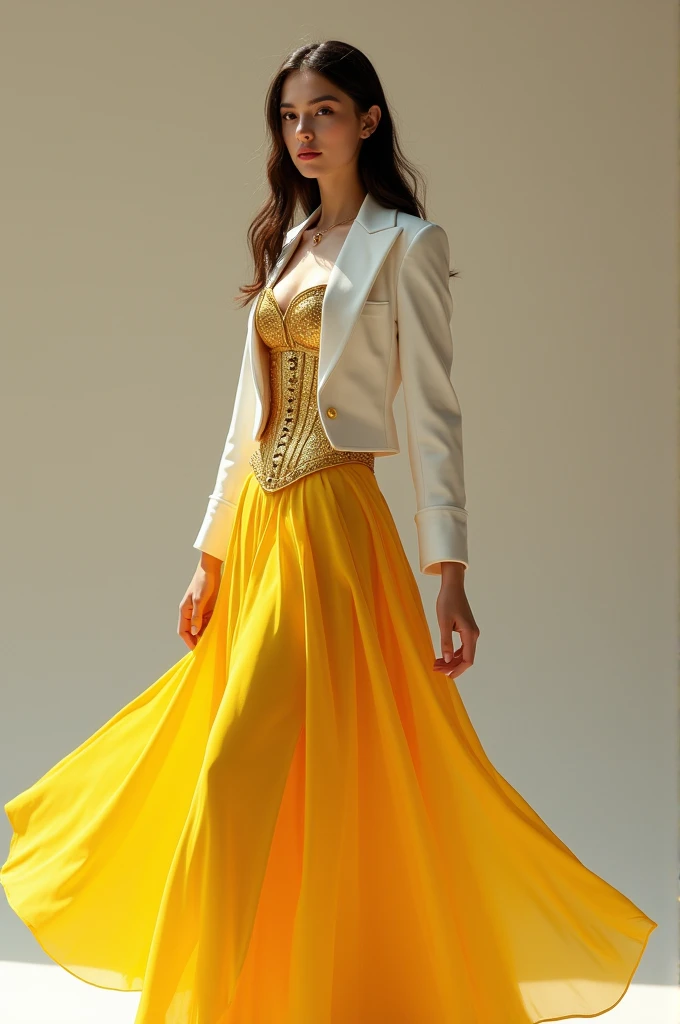 Make a girl in a long yellow skirt and a gold corset and a white mini jacket