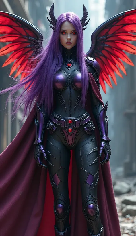 Robotic Mayan girl with purple & scarlet colored armor, Partial body Armor, wearing a long leather coat, purple & Scarlet Wings, metallic-purple extra long hair, cyberpunk hairstyle, scarlet pupils, cyberpunk scenario, Hyper-realistic, 8K, peerless body, p...