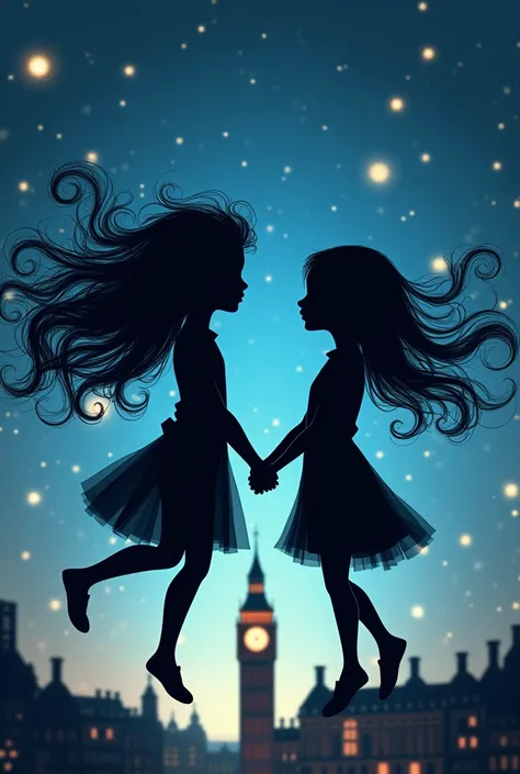 Shadow of two s, One with hair to the snails , Another one with straight hair ,  holding hands flying on a magical night, Where can you see Big Ban 