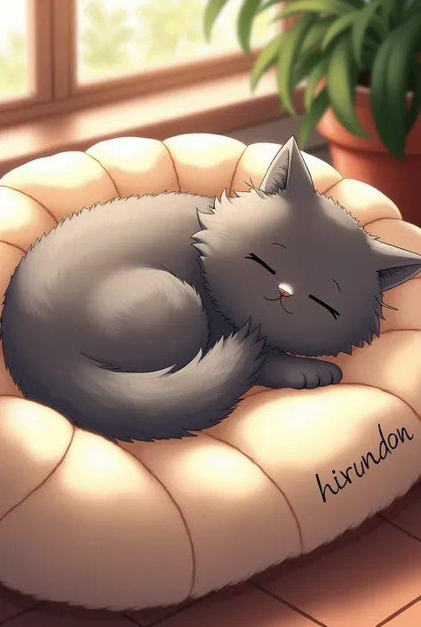 Fluffy furry cat 。The cat、 basking in the sun and taking a nap 。The letters kaa on the side of the cat。 letters hiruandon on a Russian blue nap bed